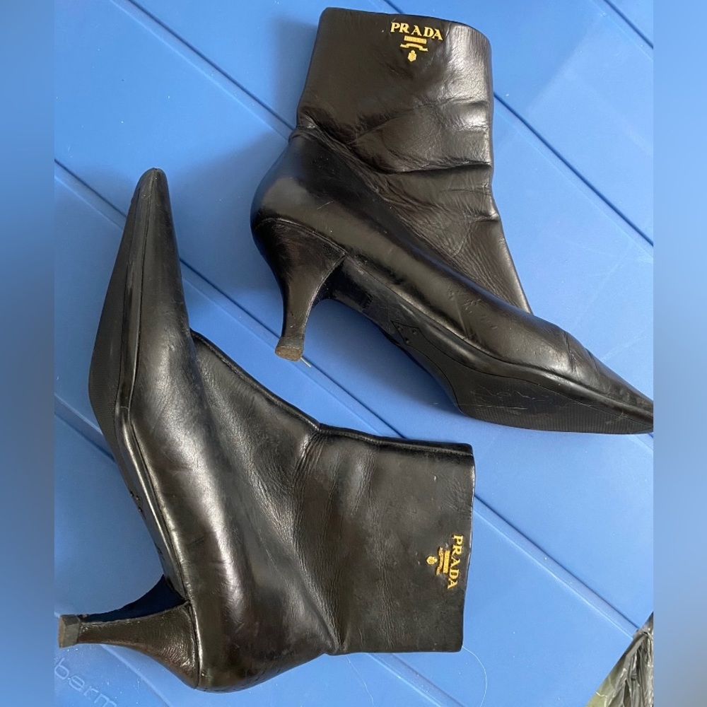 Prada Black Leather Ankle Length Boots Size 37 1/2 - Picture 1 of 4